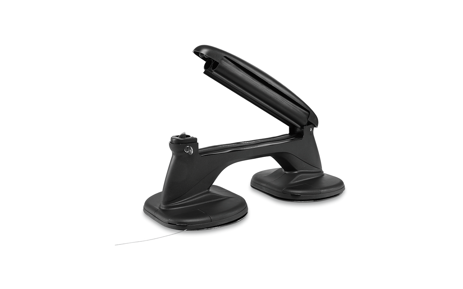 Oggetto nero in plastica con due ventose rotonde collegate da una maniglia; leva superiore aperta; sfondo bianco