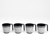 Four mugs with black interiors and handles, gray exteriors, arranged in a row on a white background