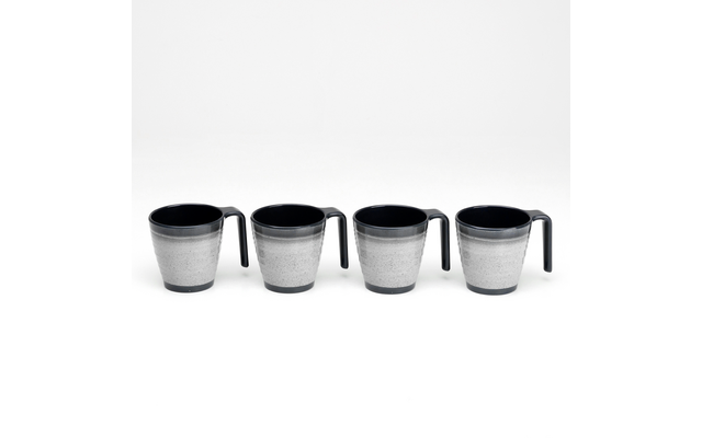 Four mugs with black interiors and handles, gray exteriors, arranged in a row on a white background