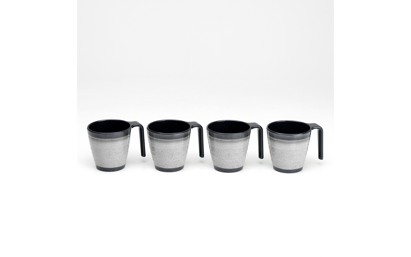 Four mugs with black interiors and handles, gray exteriors, arranged in a row on a white background