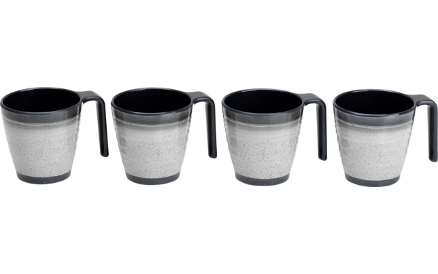 Vier mokken met zwarte binnenkant en handvatten, grijze buitenkant, op een witte achtergrond in een rij
