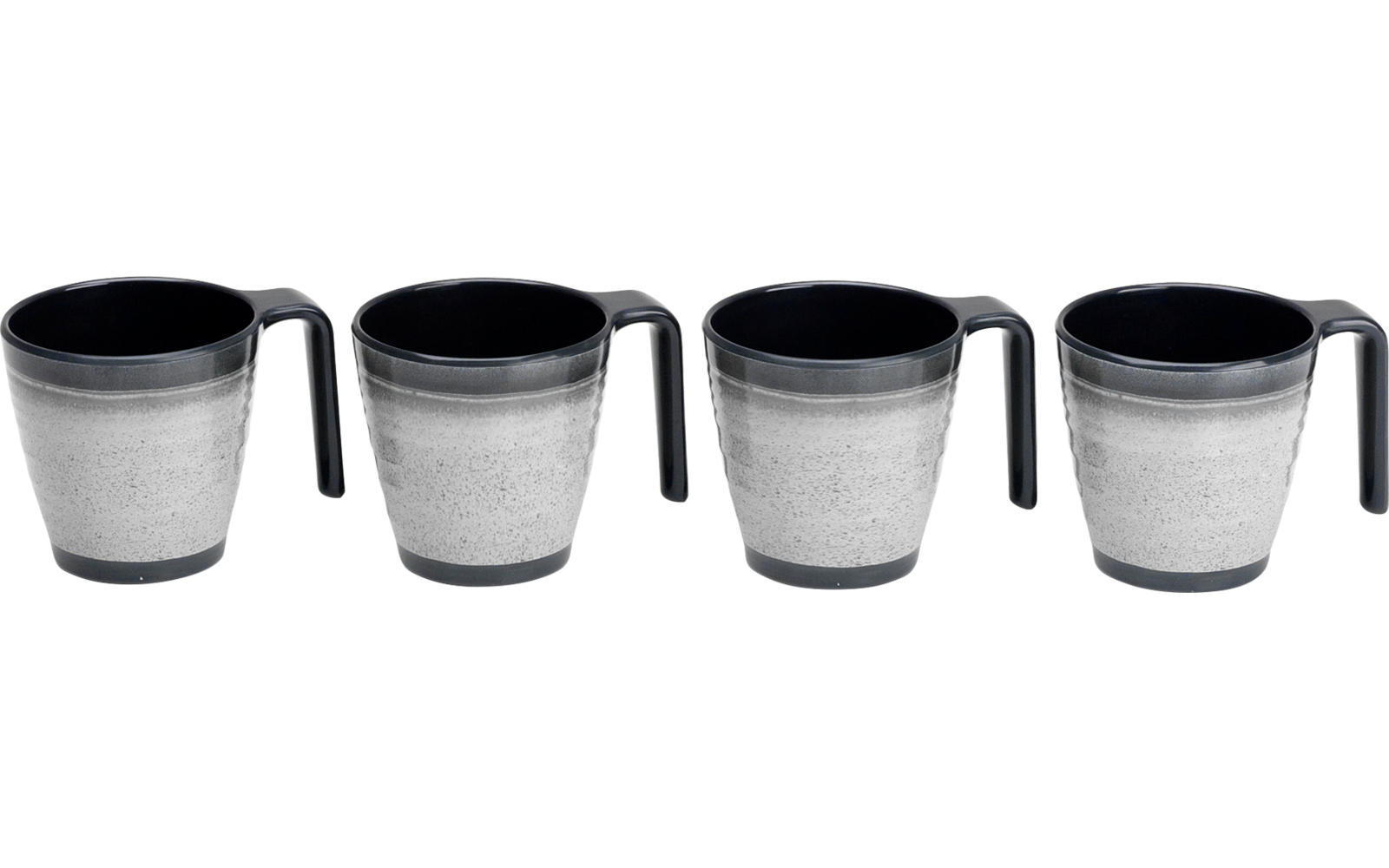 Vier mokken met zwarte binnenkant en handvatten, grijze buitenkant, op een witte achtergrond in een rij