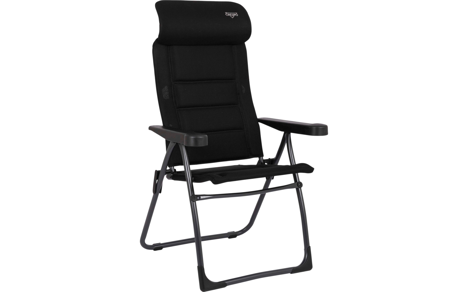 Schwarzer Stuhl mit hoher Rückenlehne, gepolstertem Kopfteil, Armlehnen und schwarzem Metallgestell