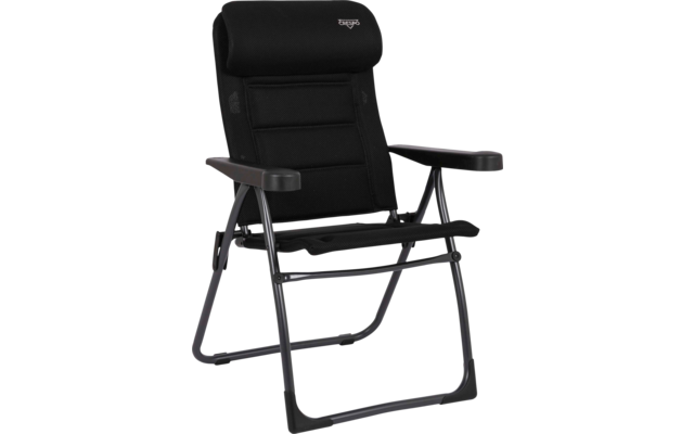 Schwarzer Klappstuhl mit Metallgestell, gepolstertem Kopfkissen, Netzrückenlehne und Armlehnen