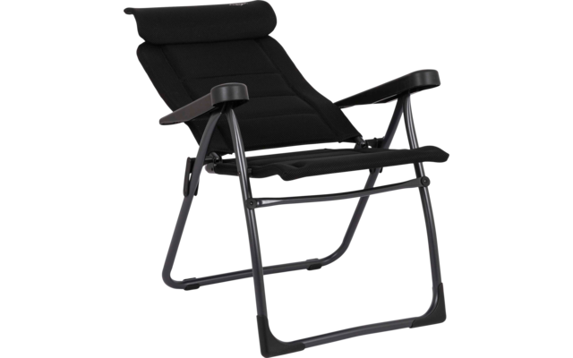 Schwarzer Stuhl mit gepolsterter Kopfstütze, Textilsitz, Metallgestell und Armlehnen