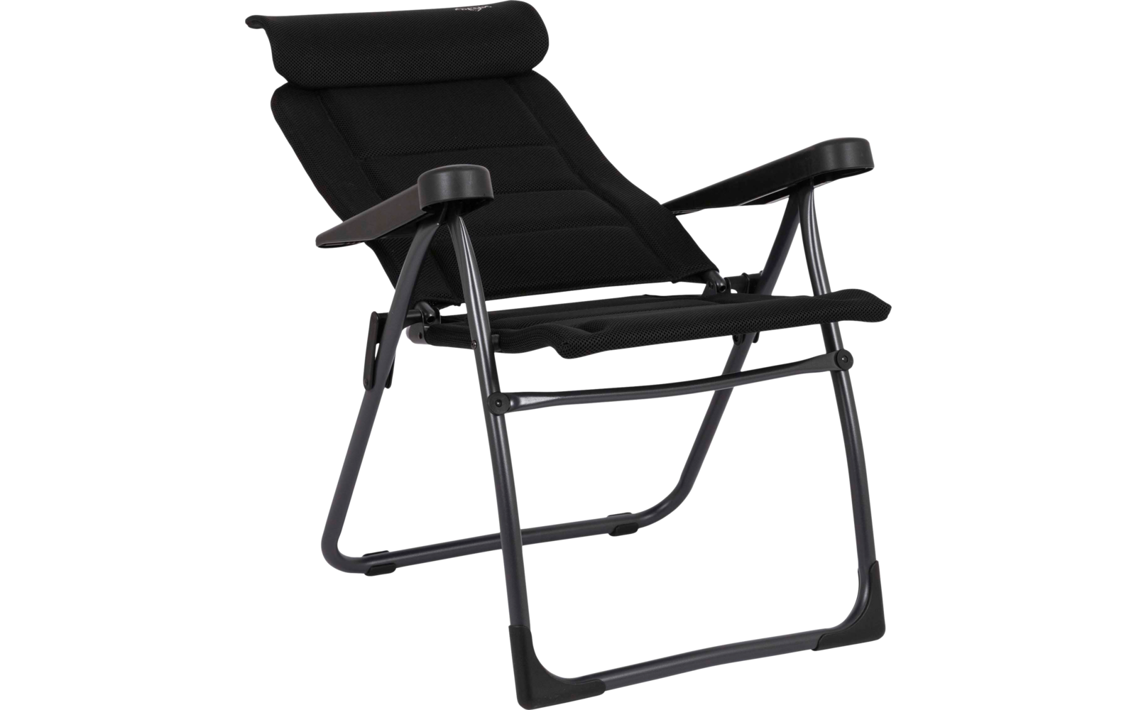 Schwarzer Stuhl mit gepolsterter Kopfstütze, Textilsitz, Metallgestell und Armlehnen