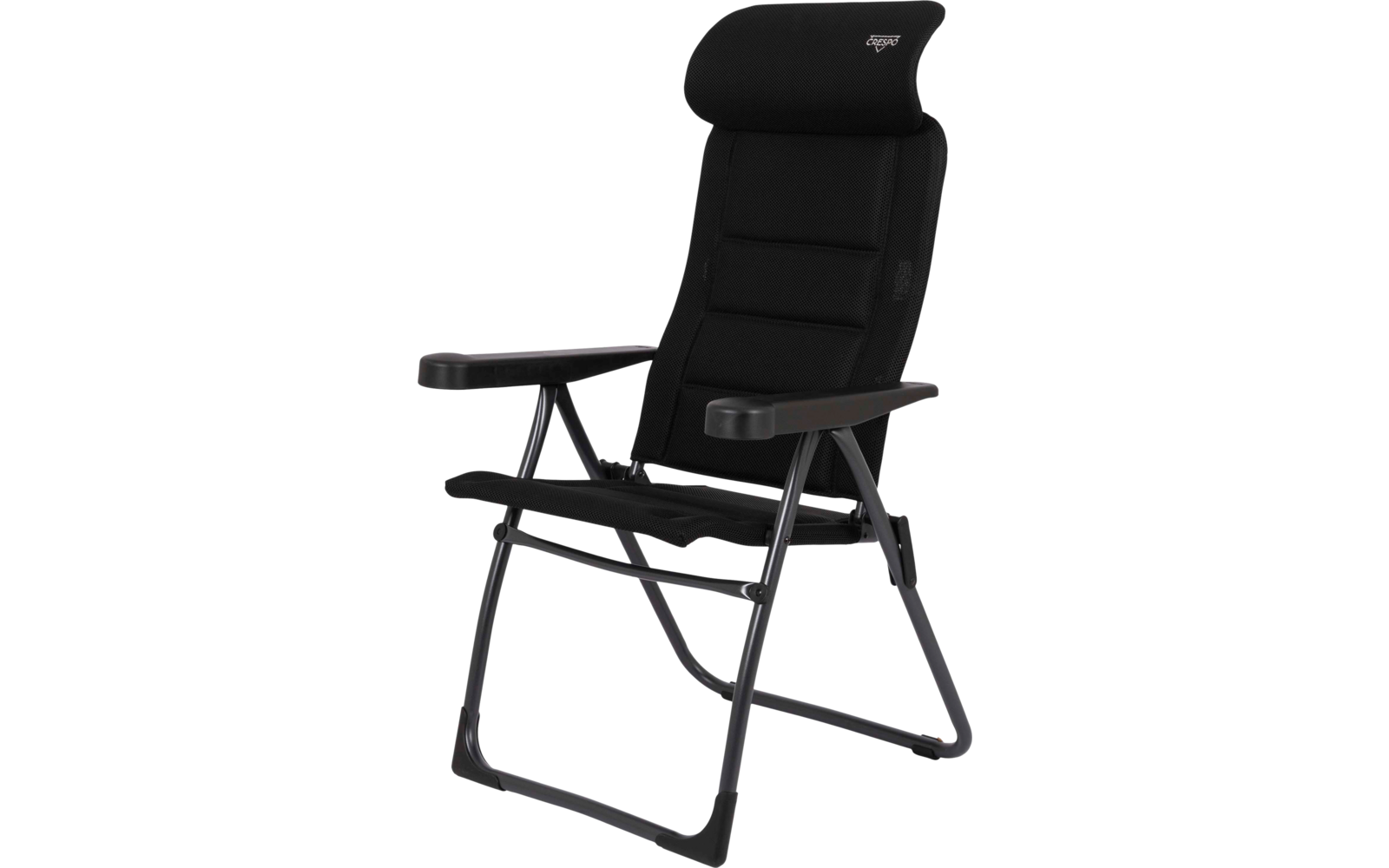 Schwarzer Stuhl mit hoher Rückenlehne, gepolstertem Kopfteil, Armlehnen und Metallgestell