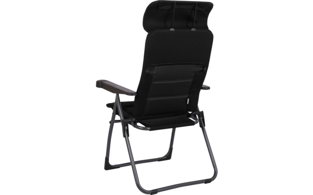 Schwarzer Klappstuhl aus Metall mit gepolstertem Rücken und Kopfstütze, Armlehnen und schrägen Beinen