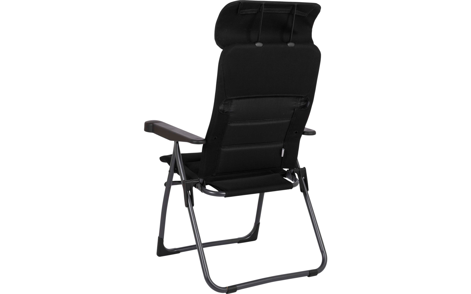 Schwarzer Klappstuhl aus Metall mit gepolstertem Rücken und Kopfstütze, Armlehnen und schrägen Beinen