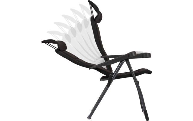 Schwarzer verstellbarer Liegestuhl mit Kopfstütze und Armlehnen, Metallgestell; mehrere halbtransparente Neigungspositionen sichtbar