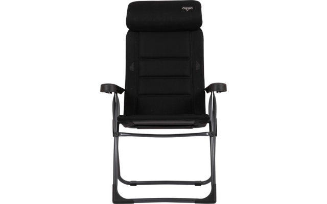 Schwarzer gepolsterter Stuhl mit hohem Rücken, Kopfpolster, Armlehnen und schwarzem Metallgestell, Frontalansicht