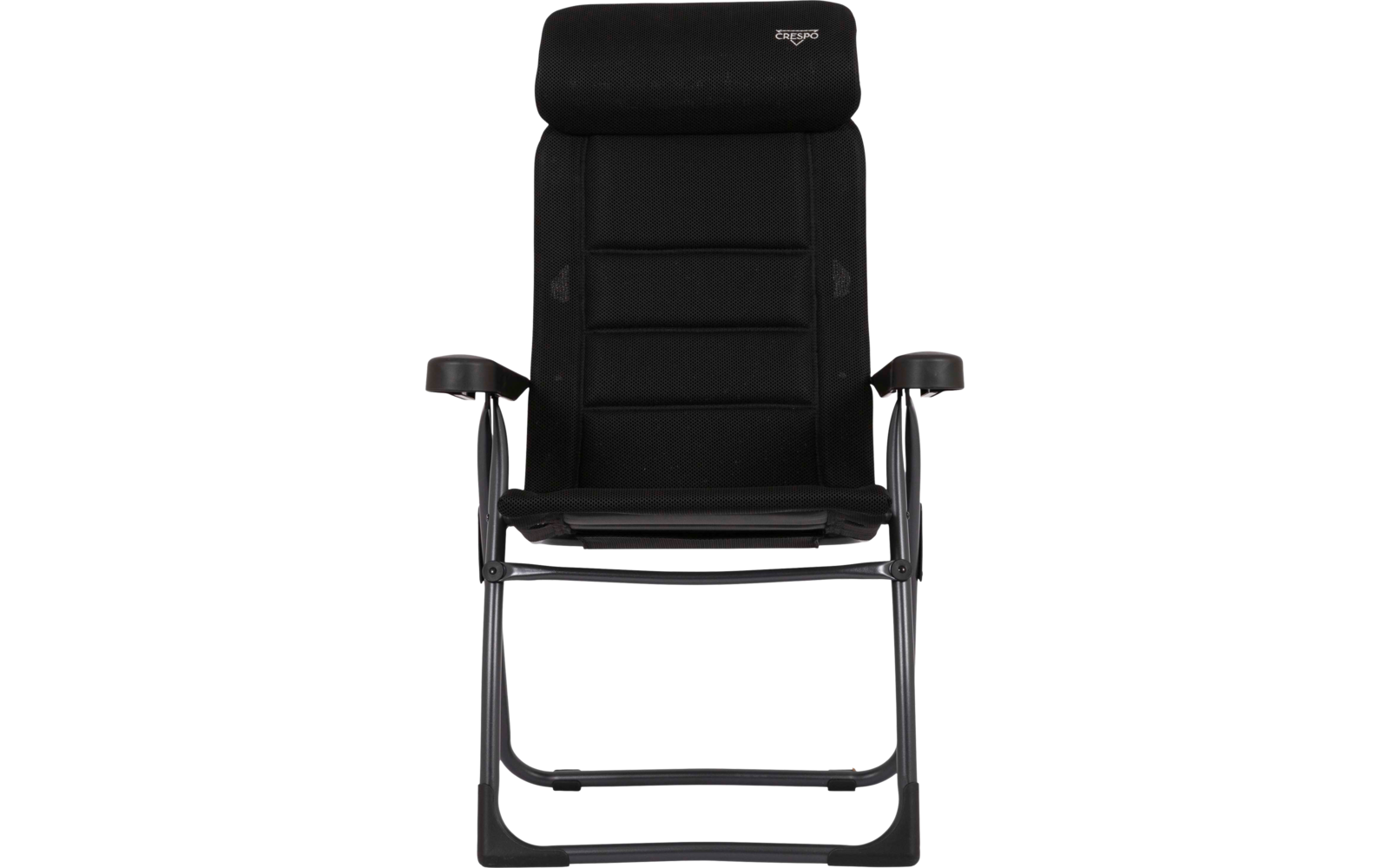 Schwarzer gepolsterter Stuhl mit hohem Rücken, Kopfpolster, Armlehnen und schwarzem Metallgestell, Frontalansicht