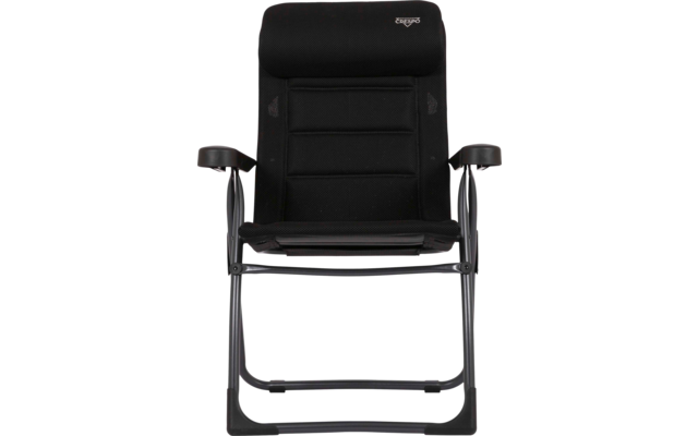 Schwarzer Klappstuhl mit Stoffbezug, hoher Rückenlehne mit Kopfpolster, Metallgestell und Armlehnen