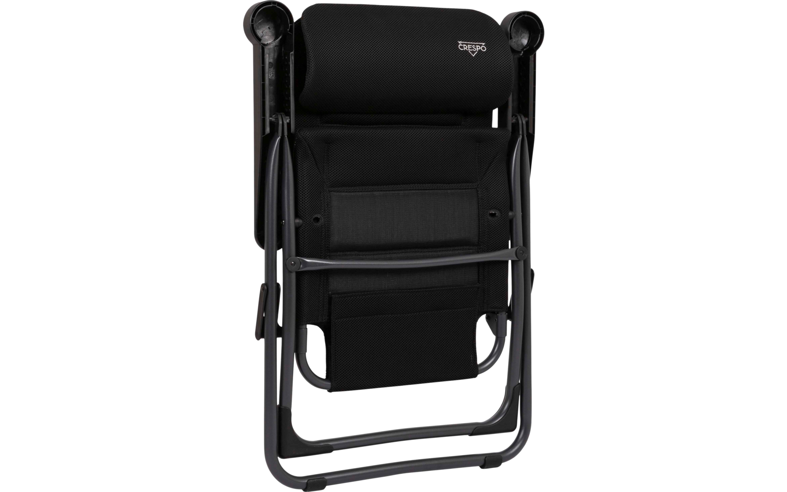 Gefalteter schwarzer Klappstuhl mit Metallgestell, gepolsterter Rückenlehne und Kopfstütze, weißes Logo "Crespo" sichtbar