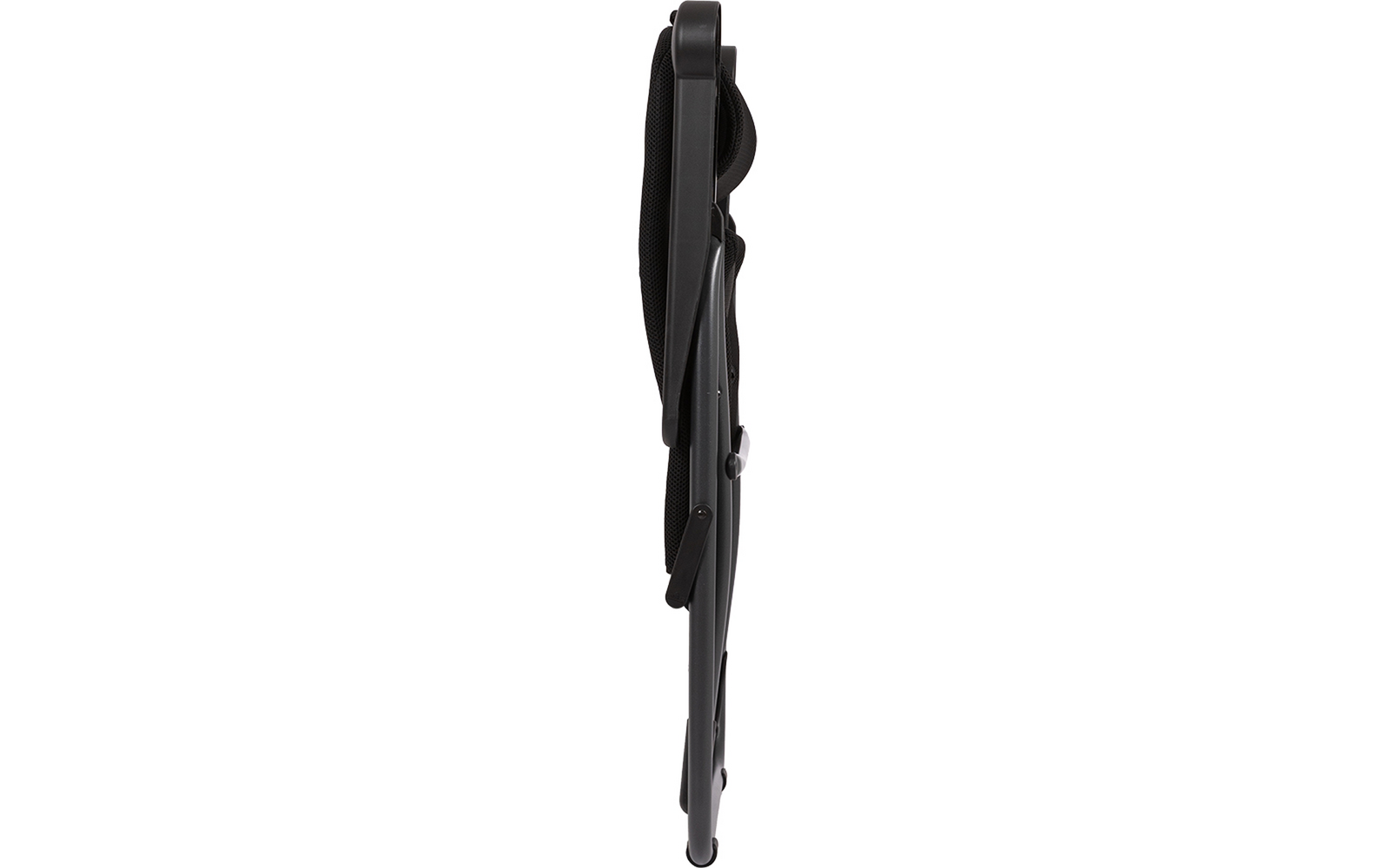 Ingeklapt zwart frame met zwarte stofbekleding, zichtbaar draaghandvat en scharnier