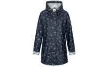 Dunkelblaue Regenjacke mit Kapuze, weißem Regenschirm‑Muster, goldfarbenen Druckknöpfen, gestreiftem Innenfutter an Kapuze und Ärmelsäumen sowie zwei Eingrifftaschen