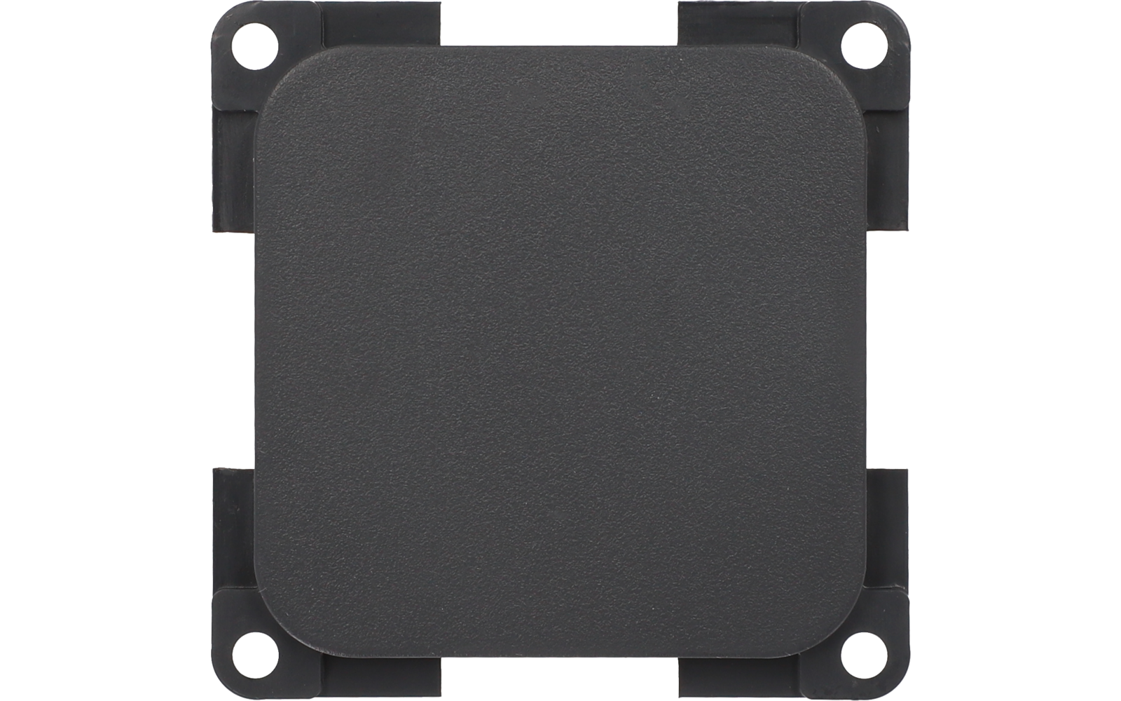 Vierkantig zwart apparaat met afgeronde hoeken en vier kleine schroeven op de hoeken