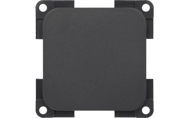 Vierkantig zwart apparaat met afgeronde hoeken en vier kleine schroeven op de hoeken