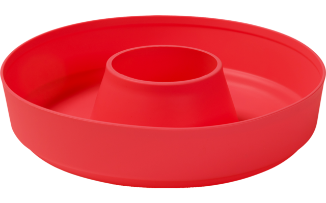 Round red object with a low rim and a central conical protrusion, smooth surface