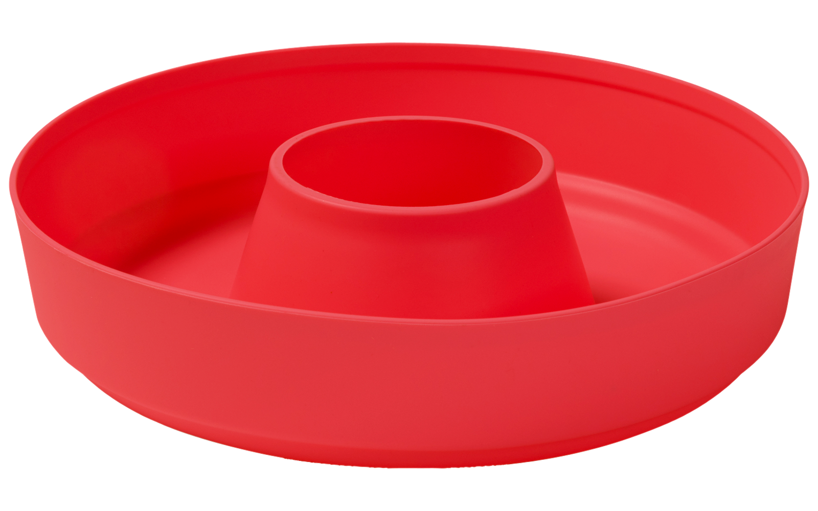 Round red object with a low rim and a central conical protrusion, smooth surface