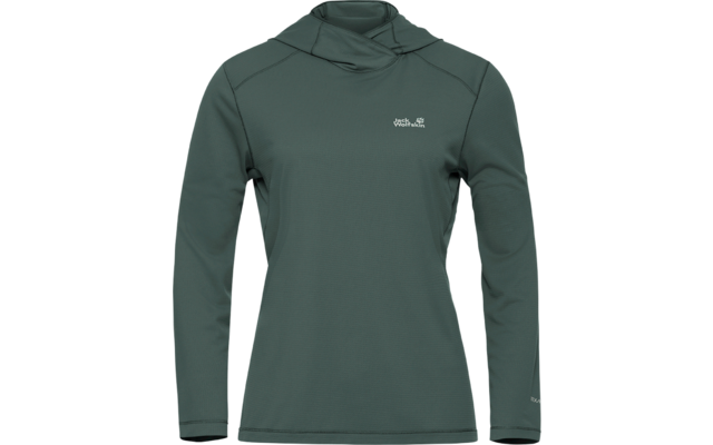 Dunkelgrüner Langarm-Hoodie mit Kapuze und kleinem weißem Logo auf der linken Brust