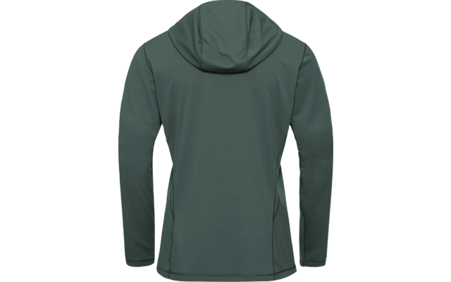 Rückansicht eines grünen Kapuzen-Sweatshirts mit langen Ärmeln auf weißem Hintergrund