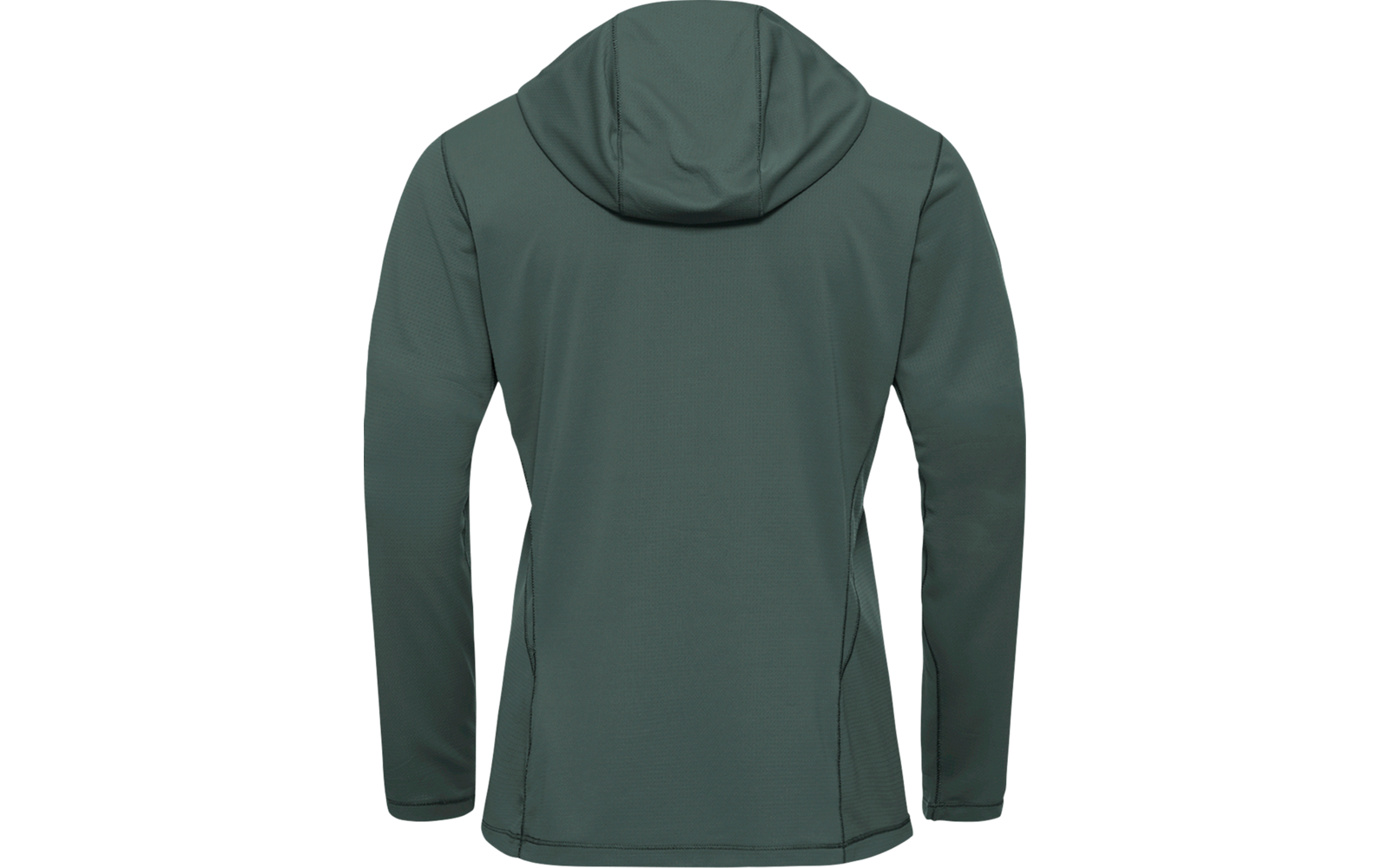 Rückansicht eines grünen Kapuzen-Sweatshirts mit langen Ärmeln auf weißem Hintergrund