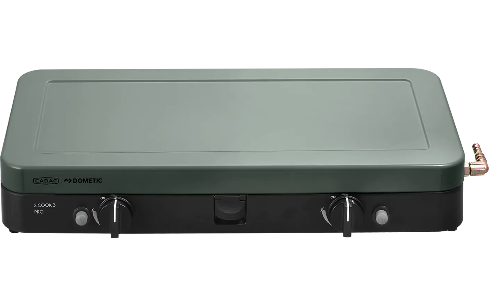 Rechteckiges mattgrünes Gerät mit flacher Oberfläche, schwarzer Frontblende, zwei schwarzen Drehknöpfen und kupferfarbenem Griff an der rechten Seite