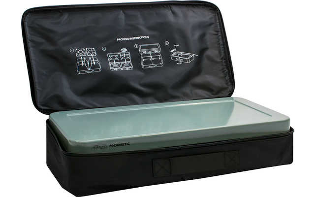 Flaches rechteckiges Gerät mit gläserner Oberseite in geöffneter schwarzer Tragetasche; weiße Piktogramme auf der Innenseite des Deckels sichtbar