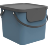 Blue rectangular container with dark gray lid, side carrying handle and rounded corners