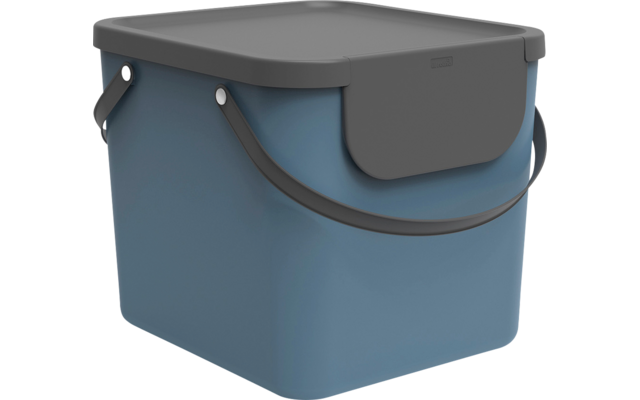 Blue rectangular container with dark gray lid, side carrying handle and rounded corners