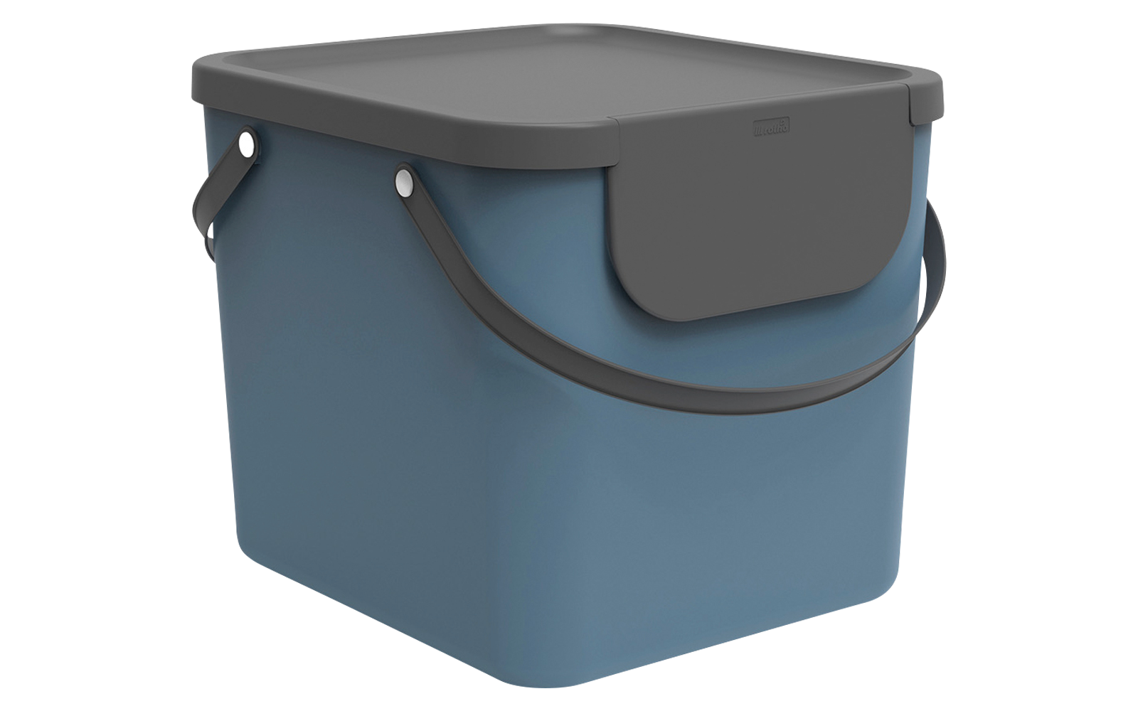 Blue rectangular container with dark gray lid, side carrying handle and rounded corners