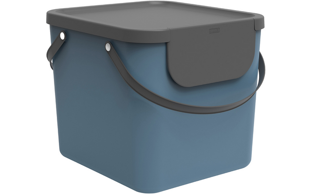 Blauer rechteckiger Behälter mit dunkelgrauem Deckel, seitlichem Bügelgriff und abgerundeten Ecken