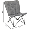 Silla plegable gris con asiento y respaldo acolchados, dimensiones mostradas