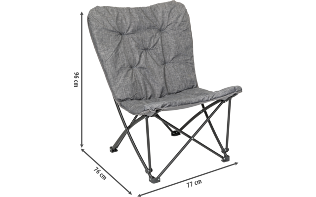 Silla plegable gris con asiento y respaldo acolchados, dimensiones mostradas