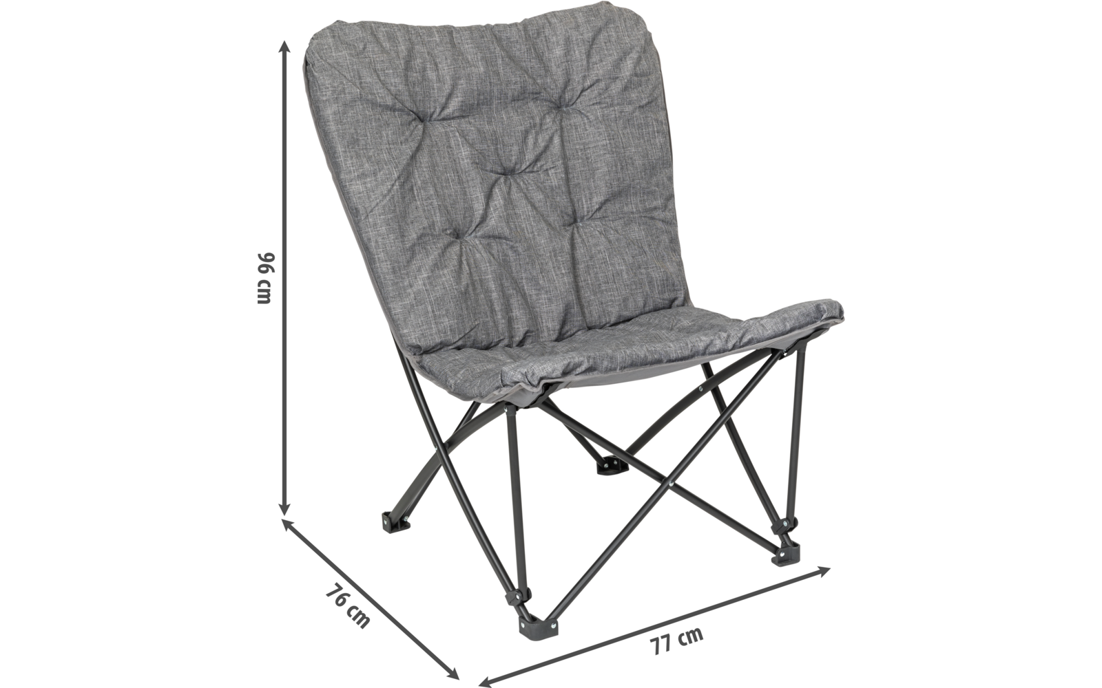 Silla plegable gris con asiento y respaldo acolchados, dimensiones mostradas
