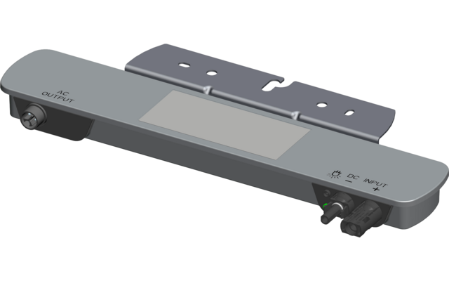 Ein graues elektronisches Gerät mit einem Display und mehreren Anschlüssen auf einer weißen Fläche