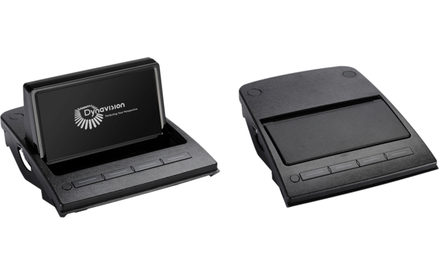 Zwei schwarze, flache Kunststoffgeräte nebeneinander auf weißem Hintergrund; links aufgeklapptes Gerät mit hochgeklapptem rechteckigem Display und weißem Logo auf dem Bildschirm; rechts zusammengeklapptes, flaches Gerät mit drei länglichen Tasten an 