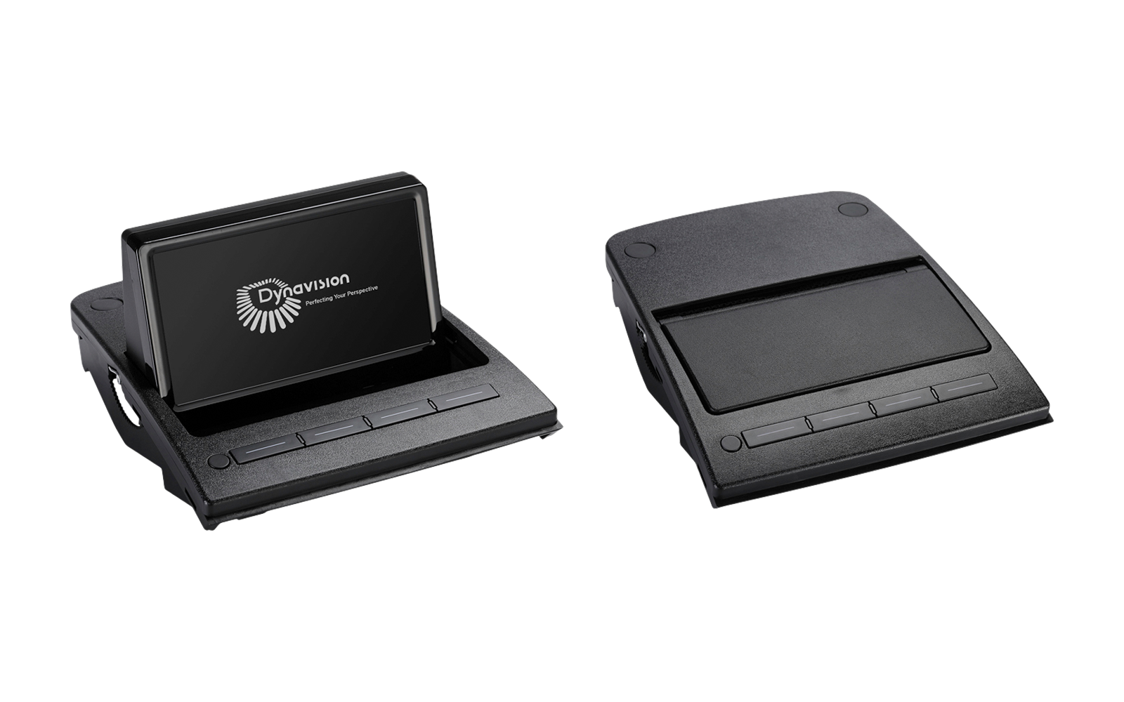 Zwei schwarze, flache Kunststoffgeräte nebeneinander auf weißem Hintergrund; links aufgeklapptes Gerät mit hochgeklapptem rechteckigem Display und weißem Logo auf dem Bildschirm; rechts zusammengeklapptes, flaches Gerät mit drei länglichen Tasten an 