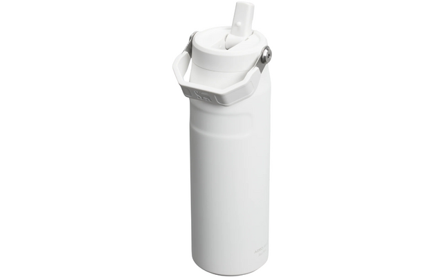 Weiße zylindrische Trinkflasche mit Henkel, Klappdeckel und sichtbaren Metallscharnieren