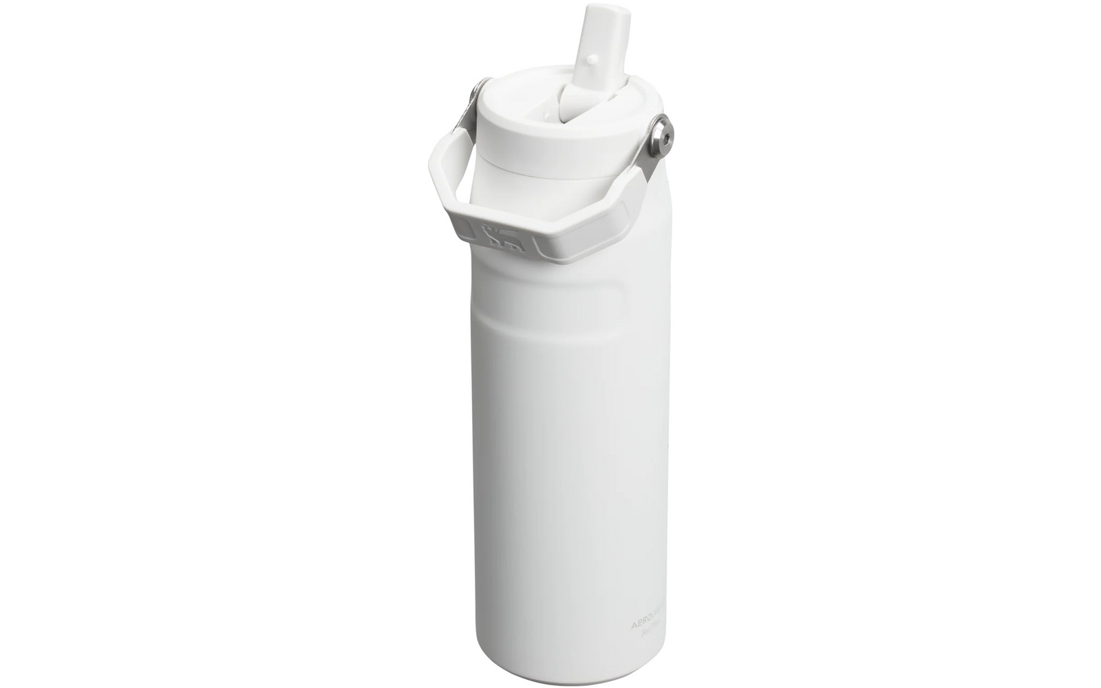 Weiße zylindrische Trinkflasche mit Henkel, Klappdeckel und sichtbaren Metallscharnieren