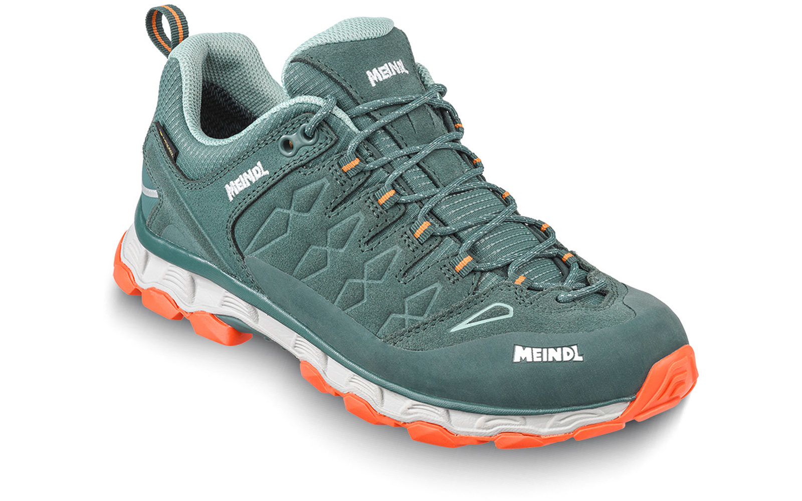 Zapato verde con cordones visto de frente-lateral, suela perfil naranja, entresuela blanca, marca "MEINDL" visible en la puntera y la lengüeta