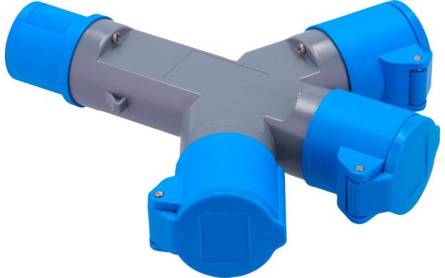 Graues Y-förmiges Kunststoffteil mit drei blauen runden Abdeckungen an den Enden
