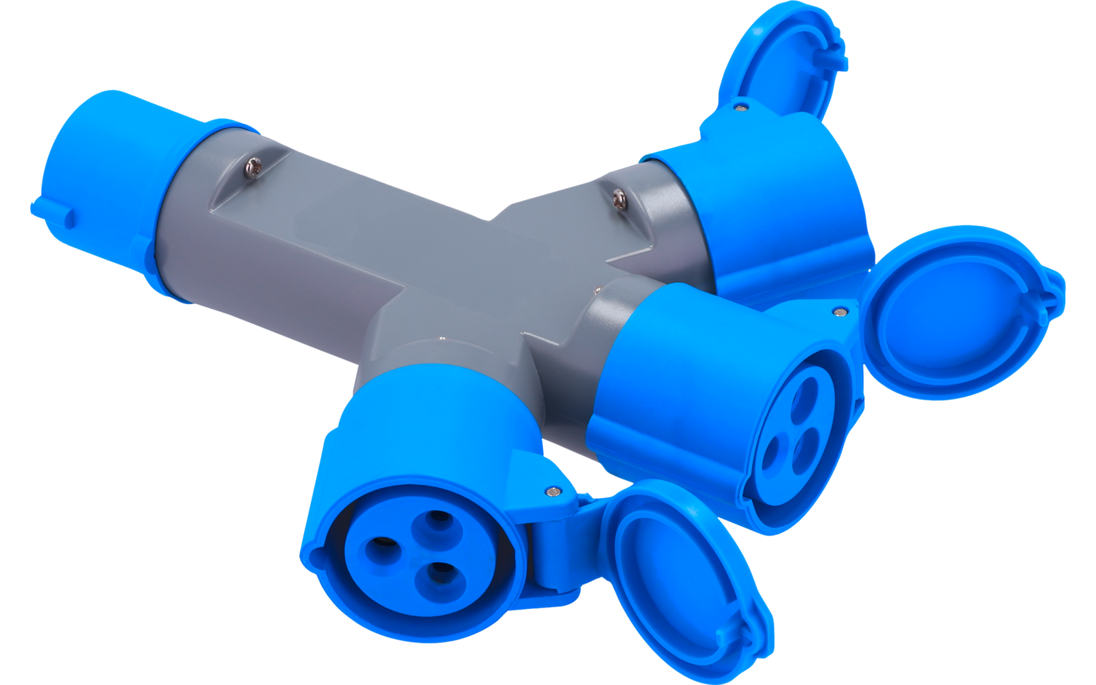 Graues Y-förmiges Verteilerstück mit drei blauen runden Buchsen und offenen Klappdeckeln