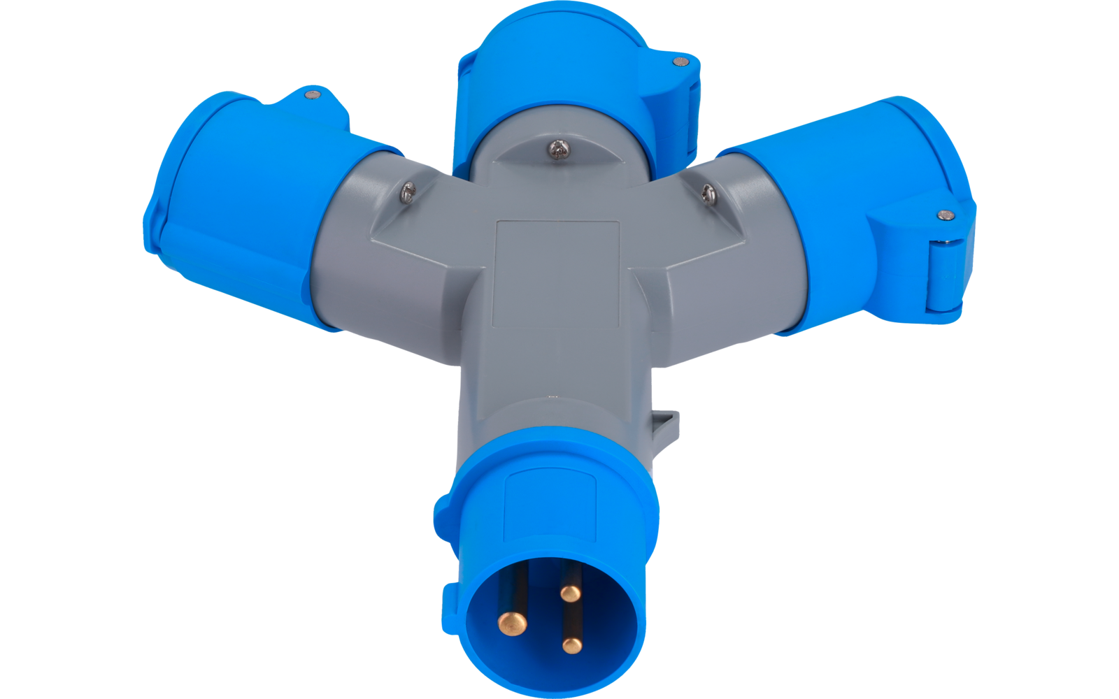 Grauer Kunststoffverbinder mit drei blauen Steckdosen und einem blauen Stecker mit drei goldfarbenen Stiften