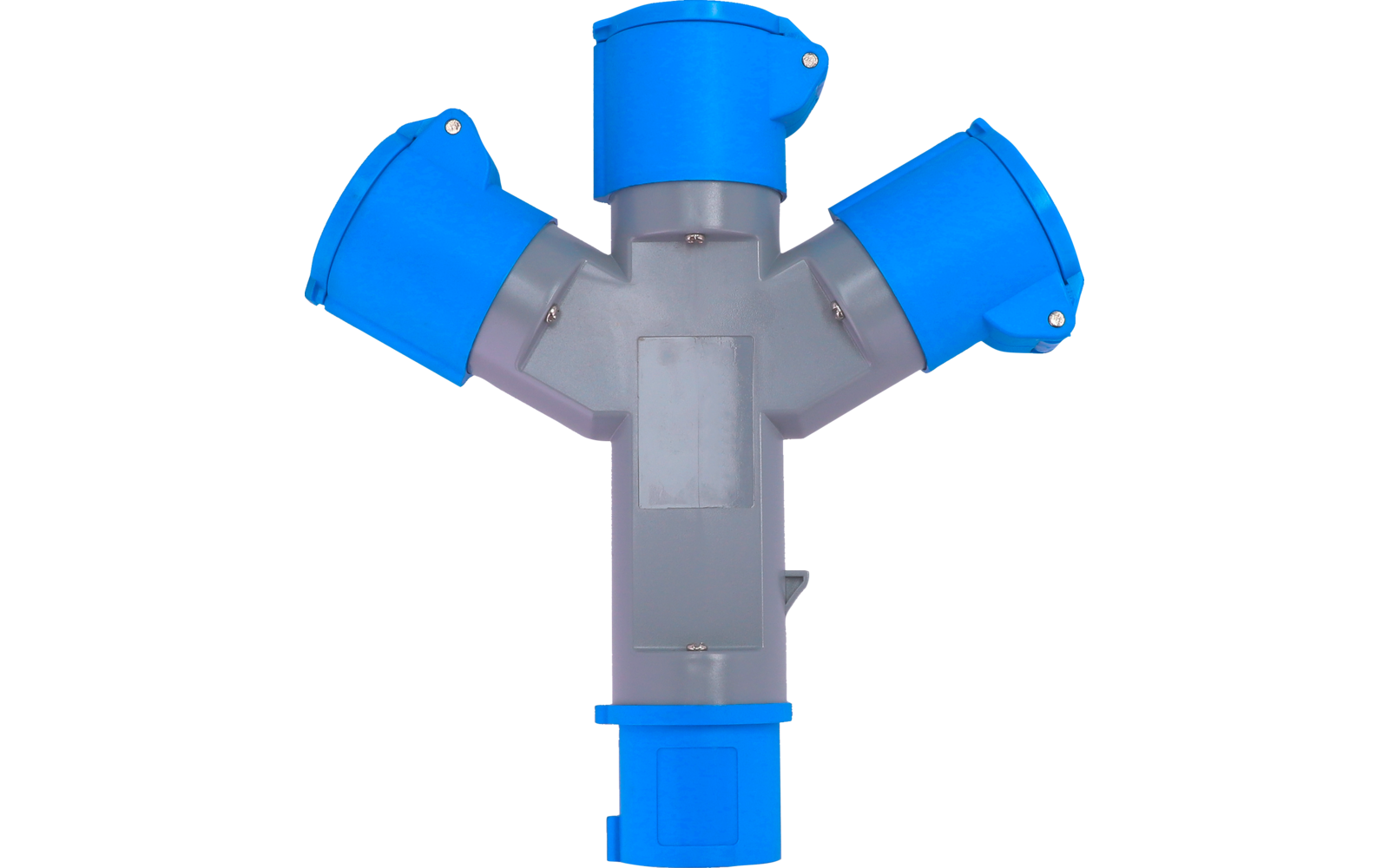 Graues Y-förmiges Kunststoffteil mit drei blauen runden Abdeckkappen oben und einem blauen Anschluss unten; sichtbare Schrauben und rechteckiges Etikettenfeld