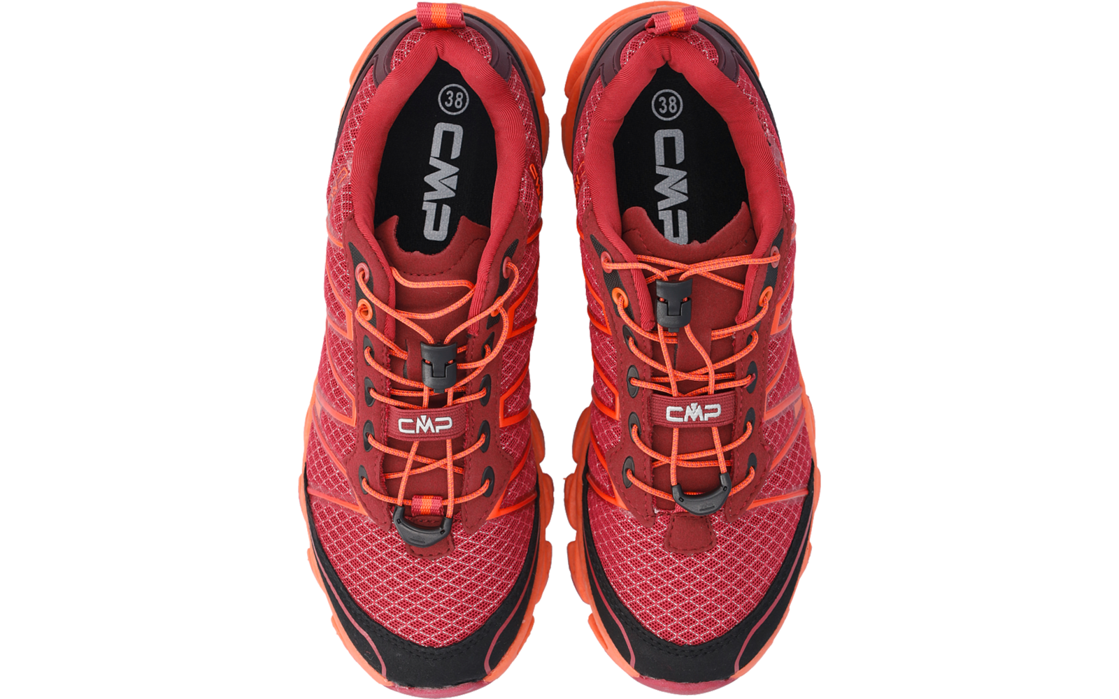 Zwei rote Schuhe von oben mit orangefarbenen elastischen Schnürbändern und Stoppern, schwarzen Zehenkappen, weißem "CMP"-Logo auf den Innensohlen; Größe "38" sichtbar
