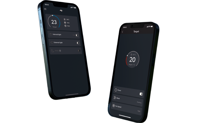 Zwei Smartphones mit dunklem Bildschirm auf weißem Hintergrund, auf den Bildschirmen je ein kreisförmiges Anzeigeelement mit den Zahlen '23' (links) und '20' (rechts) sowie mehrere graue Schaltflächen