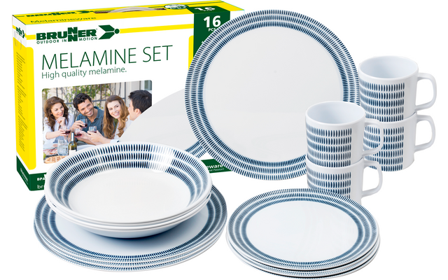 Verschiedene weiße Teller und Tassen mit blauen Linien, neben einer Verpackung mit dem Aufdruck ‚Melamine Set‘