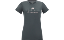 T-shirt femme gris foncé à manches courtes et col rond, imprimé poitrine : deux verres à vin qui s'entrechoquent, ligne de rythme cardiaque et inscription "Alpenprinzessin"